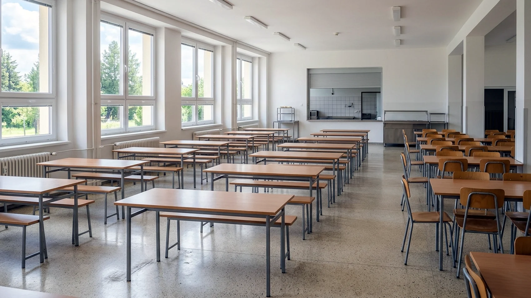 Školní jídelna se stoly a dřevěnými židlemi