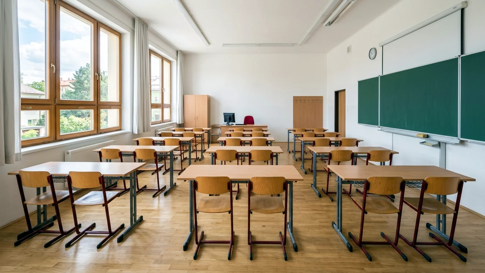 Učebna s řadami dvoumístných lavic a dřevěnými židlemi